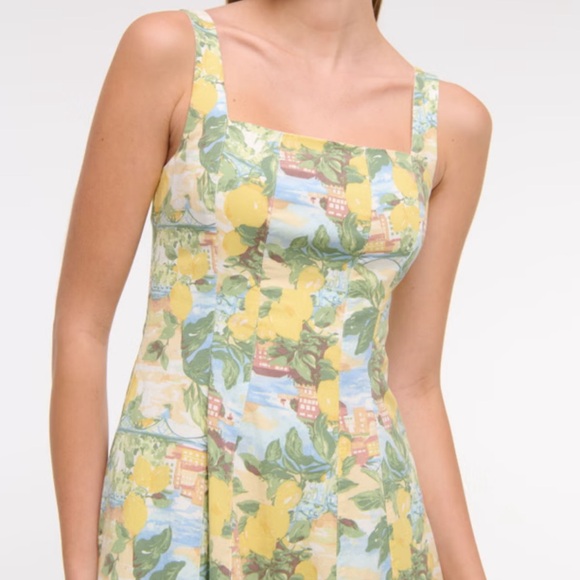 ABERCROMBIE AND FITCH WOMENS MILA STRETCH MIDI DRESS LEMONS LARGE PETITE NEW - Picture 2 of 11